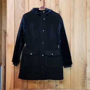 Eden Society Sherpa Fleece Velvet Sleeves & Hood Winter Cozy Coat, Medium, Black